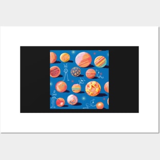Fallen Jupiter Moons orange on blue pattern Posters and Art